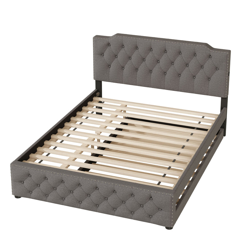 Upholstered Platform Bed With Trundle And 2 Sets Of USB Ports On Each Side, Fabric - R&R Furniture Gallery (Fountain Valley, CA)