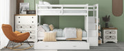 White DreamHaus twin over twin bunk bed with staircase and trundle, featuring a sturdy design and space-saving features.