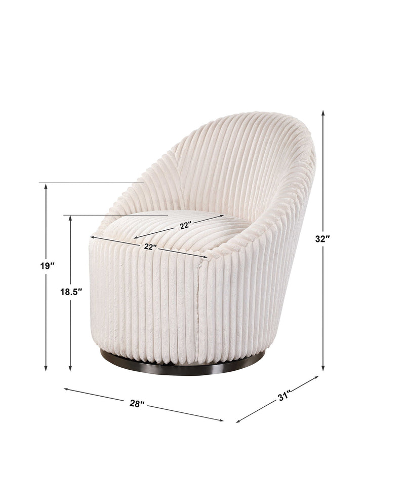 Uttermost Crue fabric swivel chair with plush cushioning and a modern design, shown from a side angle.