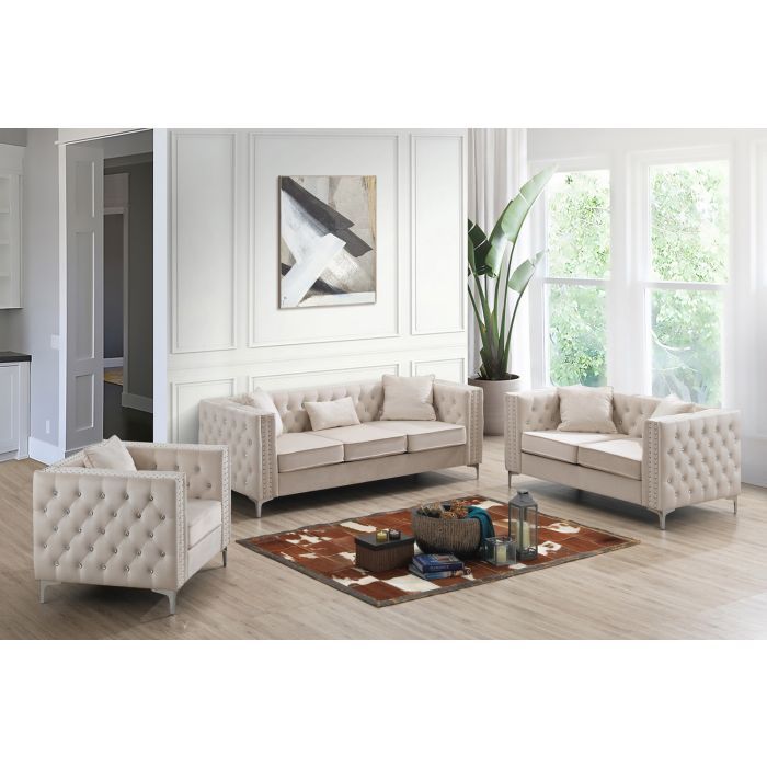 Glory Furniture Paige stationary sofa with plush cushions and modern design, featuring neutral fabric upholstery.