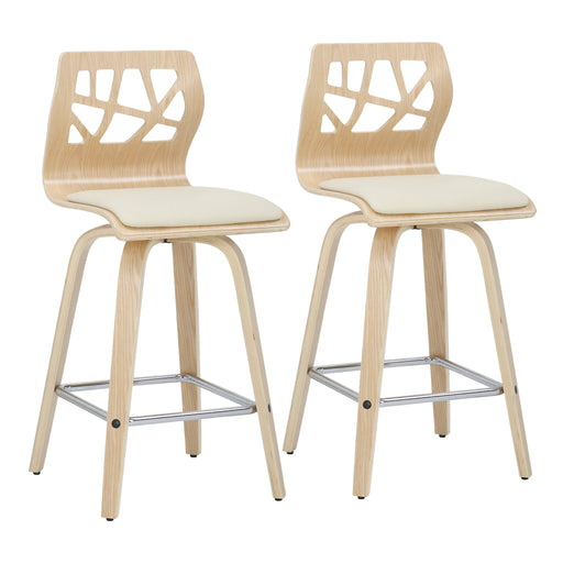 Lumi Source Folia mid-century modern counter stool set with footrests, featuring sleek wooden seats and sturdy metal legs.