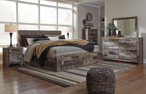 Derekson Benchcraft 6-piece panel bedroom set featuring a bed frame, dresser, mirror, nightstands, and storage options.