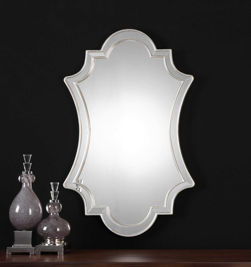 Uttermost Elara wall mirror with antiqued silver frame, showcasing a stylish, decorative mirror for modern or vintage interior decor.