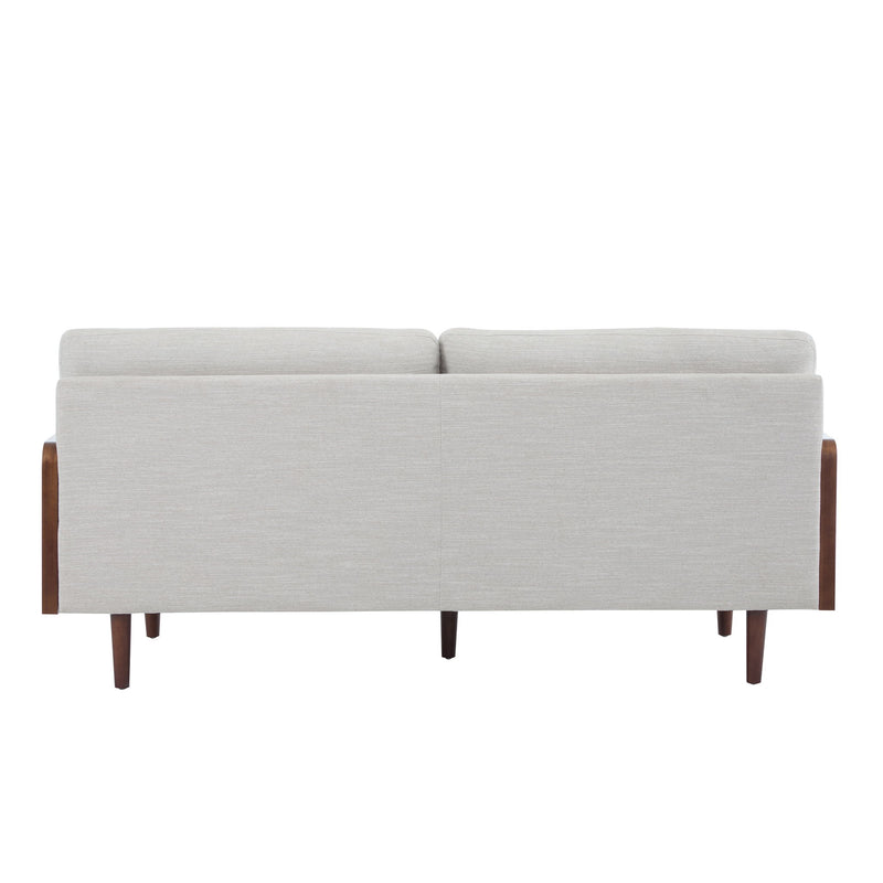 Noble House mid-century modern sofa with wood side panels and plush upholstery, stationary design for stylish living room seating.