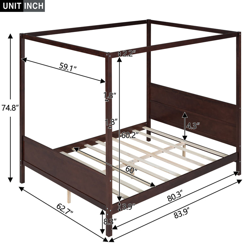 DreamHaus canopy platform bed with headboard, footboard, and slat support legs, showcasing its sturdy frame and elegant design.