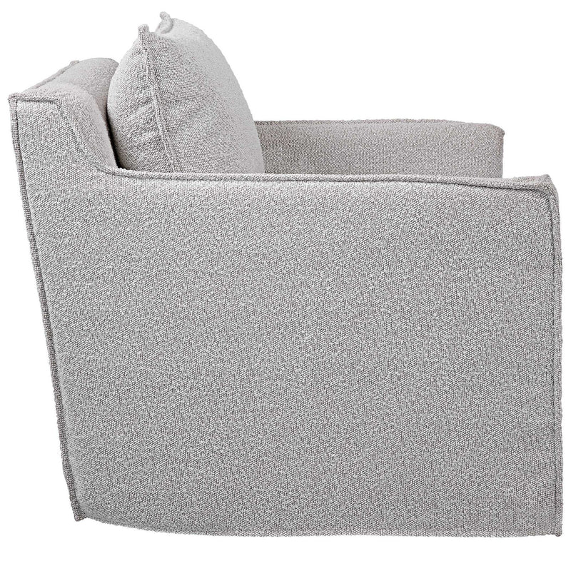 Gray Welland swivel chair by Uttermost with a modern design, featuring a cushioned seat and sleek metal base.