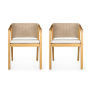 Set of two Noble House patio dining chairs in light teak with slatted backs and armrests, ideal for outdoor seating.