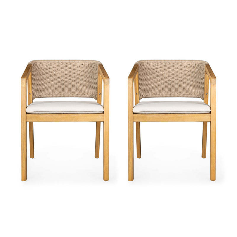 Set of two Noble House patio dining chairs in light teak with slatted backs and armrests, ideal for outdoor seating.