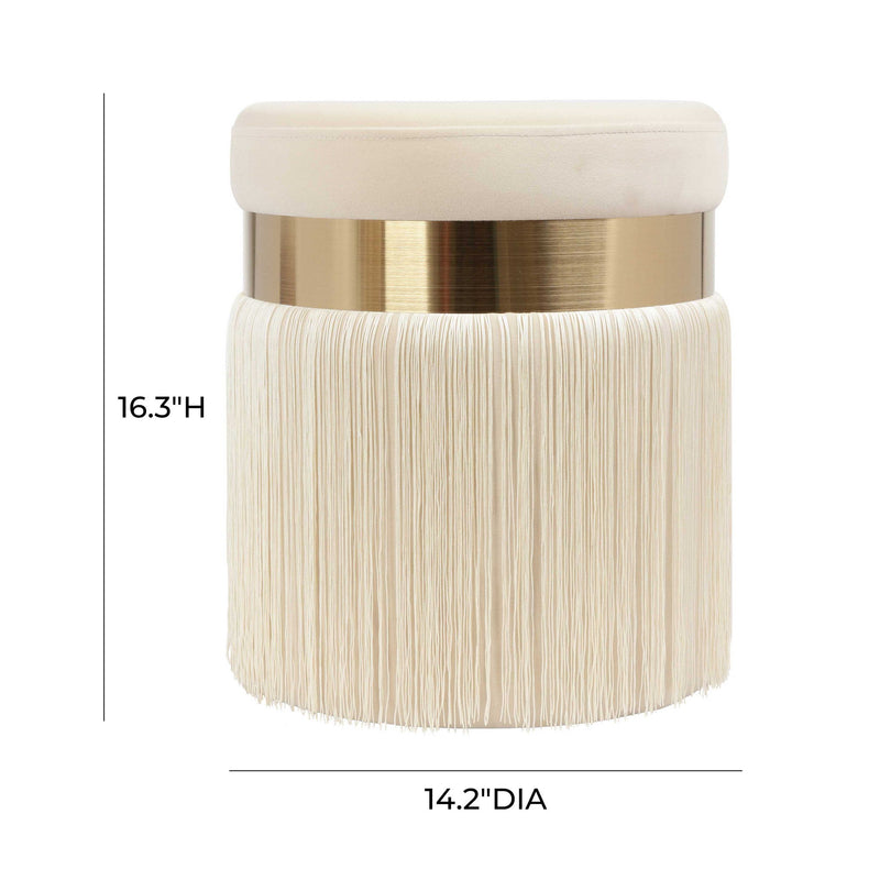 TOV Furniture Melody tasseled upholstered ottoman with fabric covering and decorative tassels, serving as a stylish footrest or accent piece.