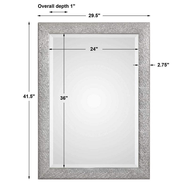 Silver Mossley metallic wall mirror by Uttermost featuring a round shape and textured metallic frame.