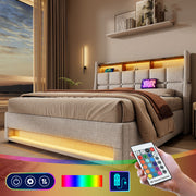 Artistry At Home upholstered platform storage bed with hydraulic lifting, LED lighting, and USB charging ports, without mattress.