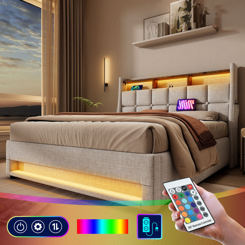 Artistry At Home upholstered platform storage bed with hydraulic lifting, LED lighting, and USB charging ports, without mattress.