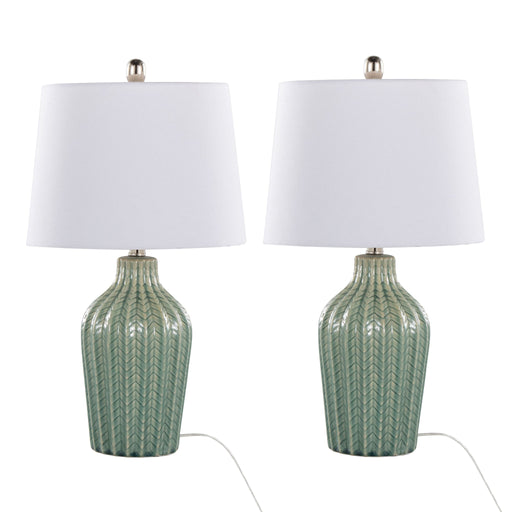 Lumi Source Rockwell contemporary table lamp set with sleek modern design and neutral-colored lamp shades on a wooden table.