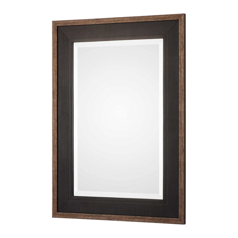 Uttermost Staveley Rustic Black Wall Mirror with a textured wooden frame, ideal for farmhouse or rustic decor.