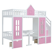 DreamHaus twin over twin bunk bed with changeable table, featuring upper bed and down desk for versatile sleeping and study space.