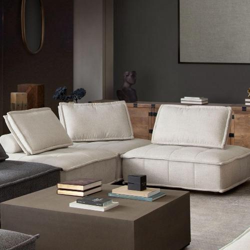 Platform 3-Piece Square Modular Lounger in Light Sand Fabric w/ Bolstered, Non-Skid Backrest