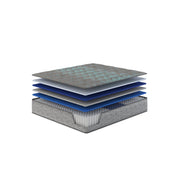 Restonic Comfort Care 13-inch hybrid mattress with firm support and advanced cooling technology, showcasing the plush top layer and sturdy base.