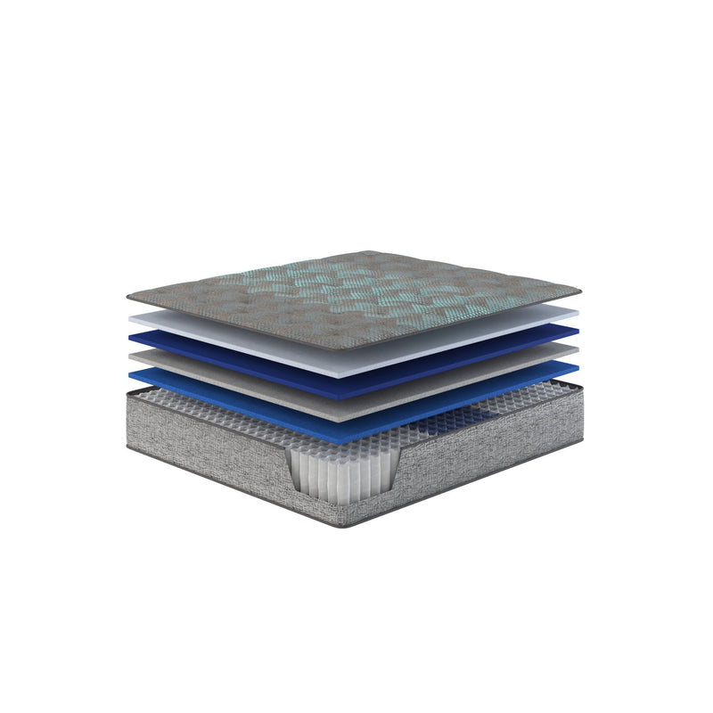 Restonic Comfort Care 13-inch hybrid mattress with firm support and advanced cooling technology, showcasing the plush top layer and sturdy base.