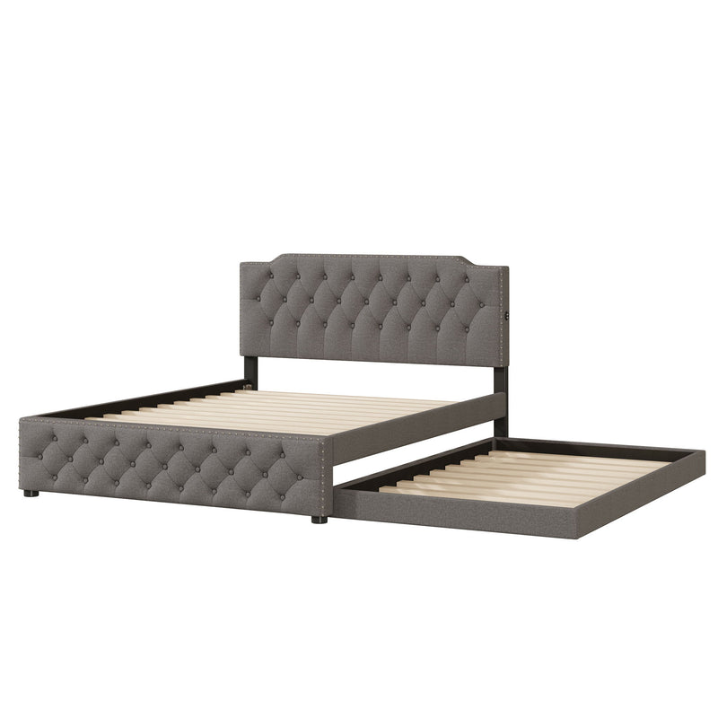 Upholstered Platform Bed With Trundle And 2 Sets Of USB Ports On Each Side, Fabric - R&R Furniture Gallery (Fountain Valley, CA)
