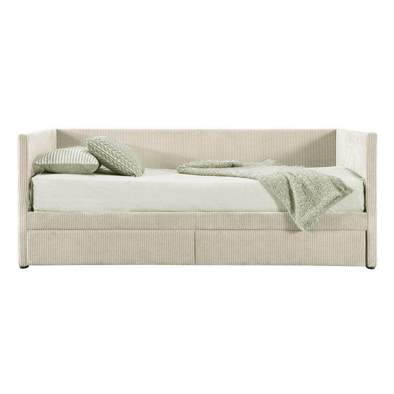 Halcyon Home storage daybed with two drawers and wood slat design, featuring a sturdy frame and convenient storage compartments.