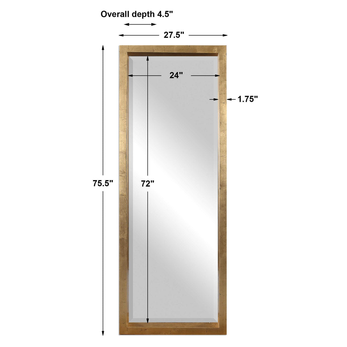 Uttermost Edmonton Leaner Gold Floor Mirror with sleek, modern design and a gold finish, standing tall and stylish in a room.