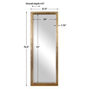 Uttermost Edmonton Leaner Gold Floor Mirror with sleek, modern design and a gold finish, standing tall and stylish in a room.