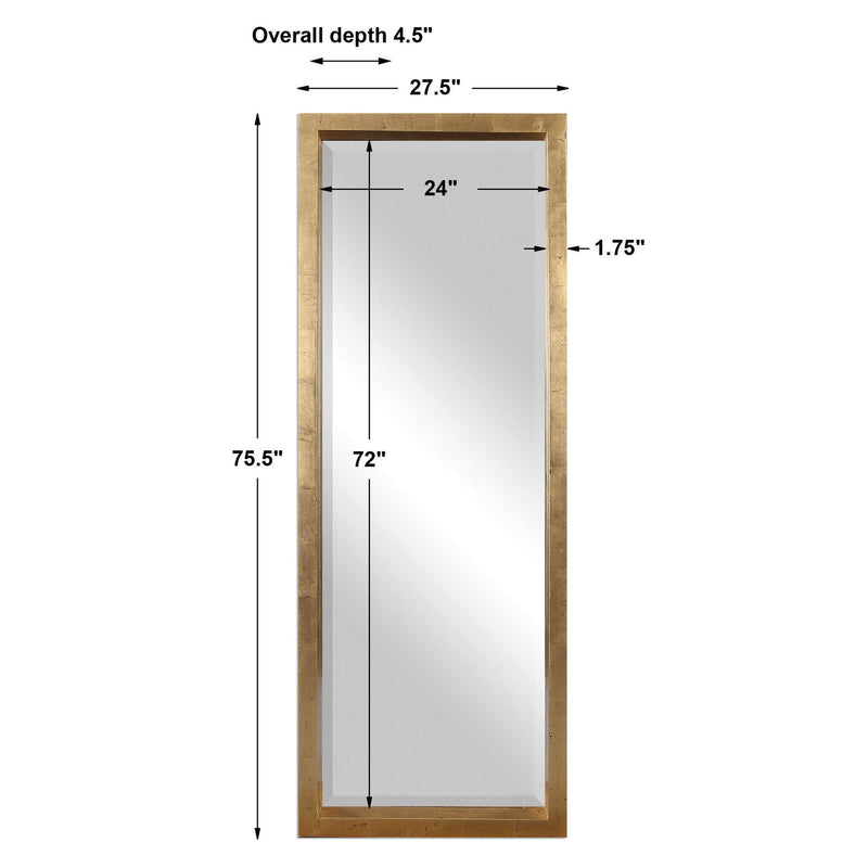 Uttermost Edmonton Leaner Gold Floor Mirror with sleek, modern design and a gold finish, standing tall and stylish in a room.