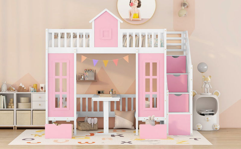 DreamHaus twin over twin bunk bed with changeable table, featuring upper bed, down desk, and versatile design for space-saving sleeping and study.