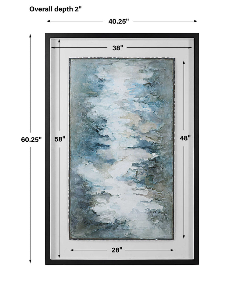 Uttermost Lakeside Grande framed abstract print in pearl silver, showcasing a modern art design with a sleek silver frame.
