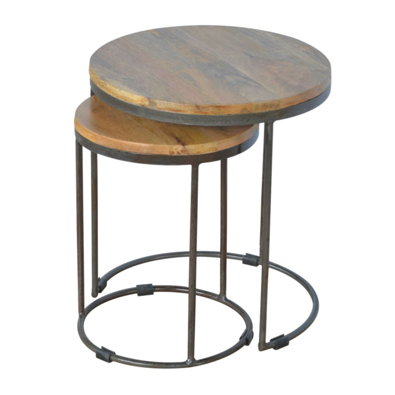 Round Stool Table With Iron Base (Set of 2) - Brown / Black - R&R Furniture Gallery (Fountain Valley, CA)