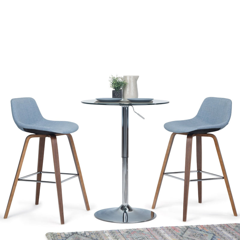 Pair of Randolph by Simpli-Home bentwood counter and bar height stool sets with wooden seats and metal frames.