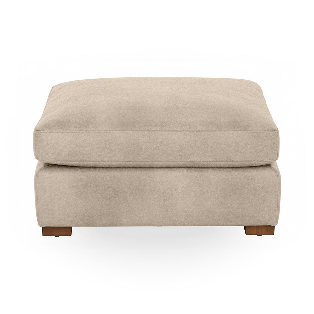 Classic Home Audrey upholstered ottoman with cushioned top and wooden legs, perfect for living room decor.