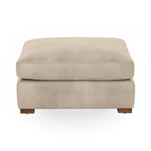 Classic Home Audrey upholstered ottoman with cushioned top and wooden legs, perfect for living room decor.