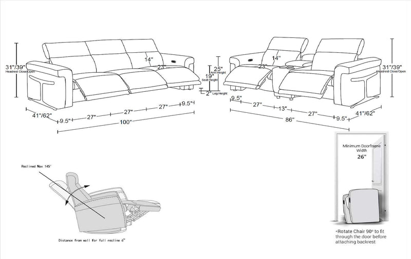 1126 - 6-Piece Modular Power Reclining Sofa And Console Loveseat Set In With 5 Power Recliners & Power Headrests