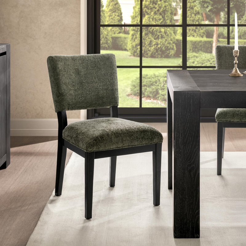 Pair of Classic Home Arima dining chairs set, modern wooden chairs with cushioned seats for kitchen or dining room.