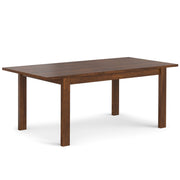 Wilson handcrafted dining table by Simpli-Home with a wooden surface and sturdy legs, ideal for family meals and gatherings.