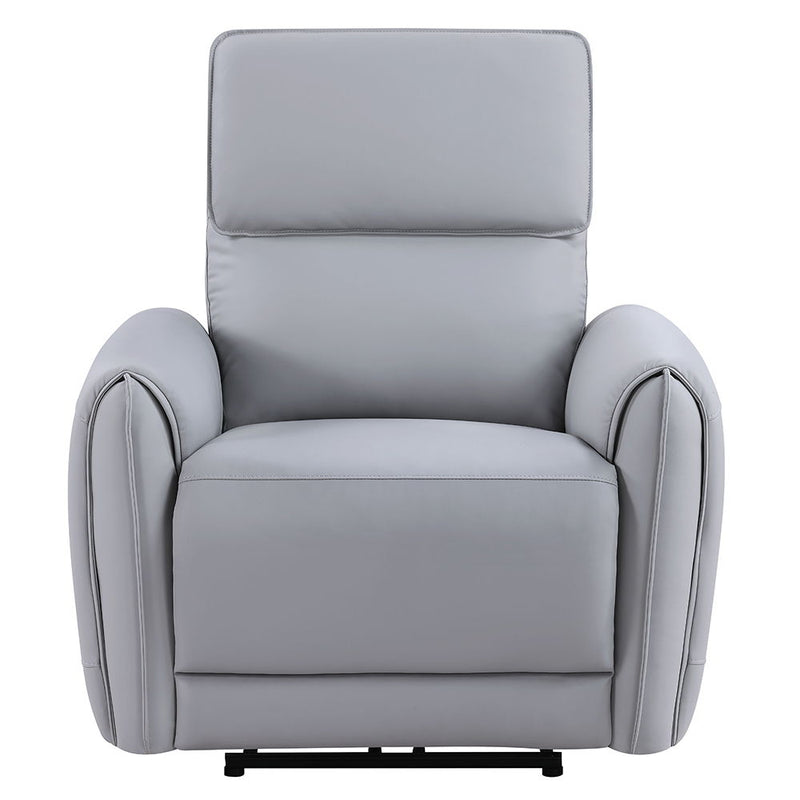 Gray synthetic leather ACME Jeromie power motion recliner with USB port, featuring plush cushioning and modern design.
