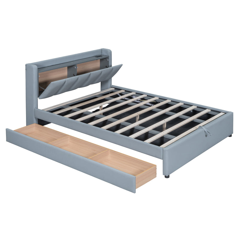 Upholstered Mother & Child Bed With Hydraulic Storage System, Drawer Box, Bedhead Storage Shelf And 2 Pairs Of Sockets & USB Ports - R&R Furniture Gallery (Fountain Valley, CA)
