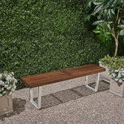 Noble House Intrinsic outdoor dining bench with slat top, sturdy wooden bench for patio or garden seating.
