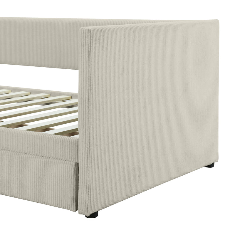 Halcyon Home storage daybed with two drawers and wood slat design, showcasing a modern, functional bedroom furniture piece.