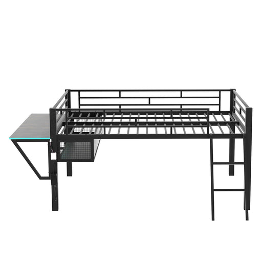 Black Dreamland full size gaming loft bed with integrated desk and LED lighting, showcasing a modern bedroom setup.