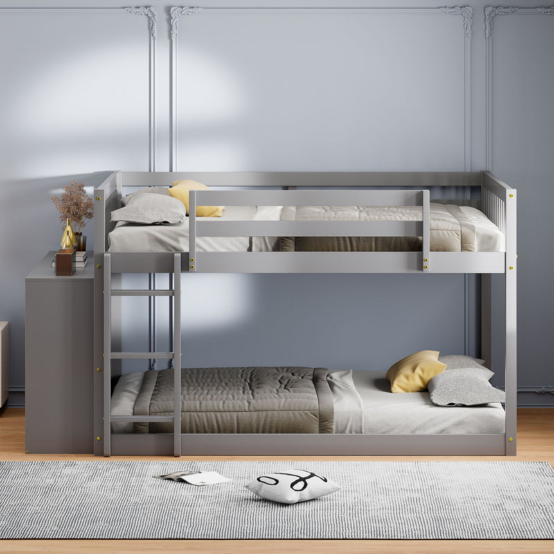 DreamHaus bunk bed with four storage drawers and three shelves, sturdy wooden frame ideal for kids' bedrooms.