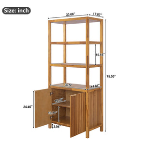 Tall Storage Bookcase Cabinet With 2 Open Shelves & Double Doors, Freestanding Shelving Unit - Natural