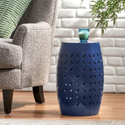 Navy blue outdoor lace cut side table by Noble House, featuring intricate lace pattern and sturdy metal frame for patio use.