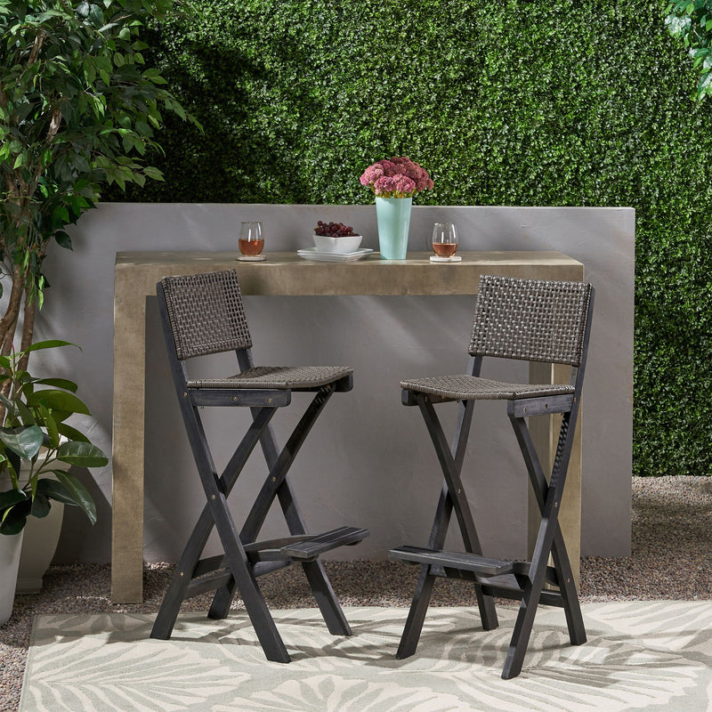 Outdoor Folding Acacia Wood Barstools With Rattan Backrest And Seat - R&R Furniture Gallery (Fountain Valley, CA)