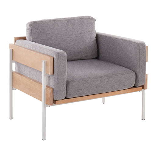Lumi Source Kari farmhouse arm chair with stylish materials and wooden legs, featuring a comfortable cushioned seat and backrest.