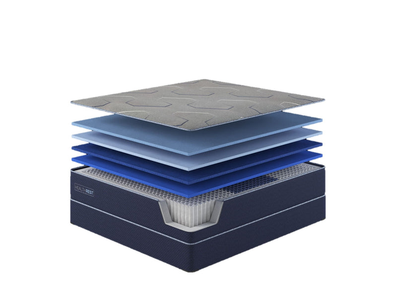 Restonic PolarBreeze Super hybrid mattress showing a plush surface with cooling gel-infused memory foam and supportive innerspring layers.