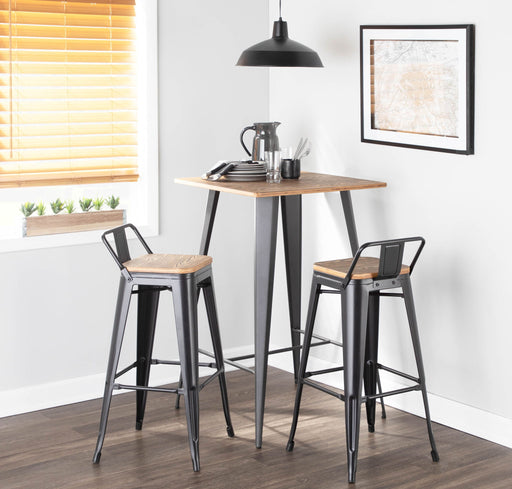 Pair of Lumi Source Oregon industrial black low back barstools with metal frames and wooden seats, set of 2.