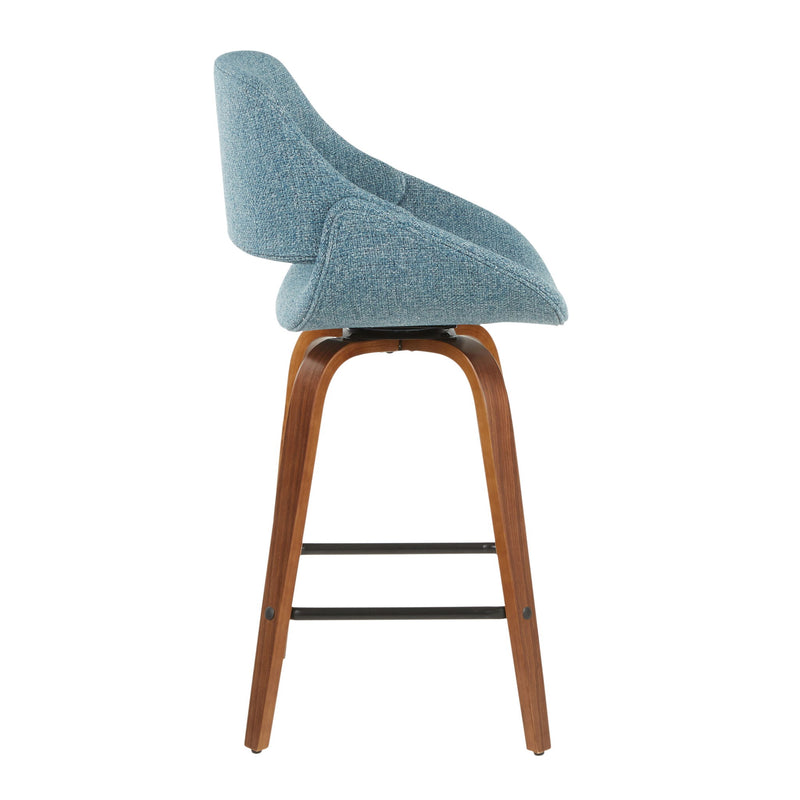Set of two Fabrico mid-century modern counter stools by Lumi Source with walnut wood legs and blue upholstered seats.