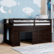 DreamHaus loft bed with integrated cabinet and shelf, featuring a sturdy wooden frame and space-saving design for a child's bedroom.